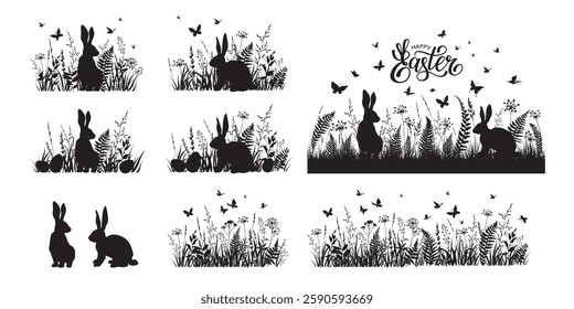 Easter floral backgrounds set with silhouettes of rabbits, butterflies, fern and wild herbs. Easter elements. Vector illustration.