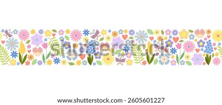 Easter floral banner with cute flowers, butterflies, leaves, hearts early spring meadow ornament seamless horizontal border, hand drawn vector illustration traditional festive decor for card, poster