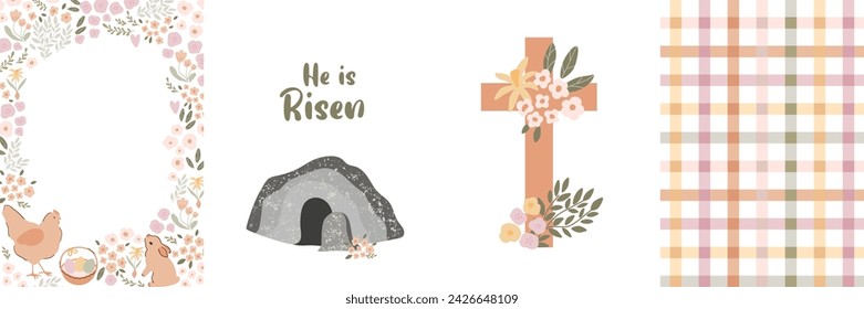 Easter floral cards set. Spring frame with tiny beige flowers, eggs, hen, rabbit cross, tomb, plaid, checkered background. Vector religious Christian posters, greeting illustration, Easter collection.