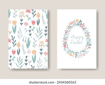 Juego de tarjetas de Pascua Floral. Patrón de flor de primavera. Huevo de Pascua silueta de flores de colores. Diseño plano de vacaciones lindo fondo. Póster, invitación, tarjeta de felicitación, plantilla de banner