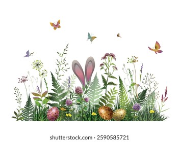 Easter floral composition with bunny ears , wildflowers, eggs and butterflies. Easter backgrounds. Vector illustration.	