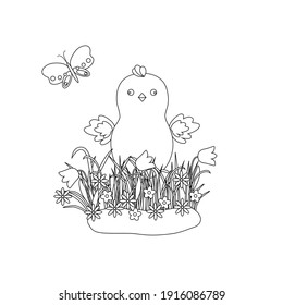 Easter floral composition with cute little chicken, early spring grass with flowers, outline vector illustration for coloring book, worksheet, spring festive time decor, cards, activities for children