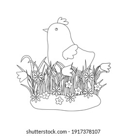 Composición floral de Pascua con pollo lindo, hierba primaveral con flores, ilustración de eslabón vectorial para libro de coloración, hoja de cálculo, decoración del tiempo festivo de primavera, tarjetas, actividades para niños