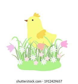 Easter floral composition with cute yellow chicken, early spring green grass with flowers, flat style vector illustration for spring festive time decor, cards, gift paper, banners, web design