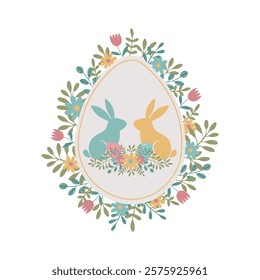 Easter floral composition with two bunnies inside an egg. 