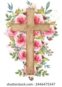 Easter floral cross illustration. Watercolor rustic wooden cross wreath and beautiful white Rose flowers arrangement with green leaves. card design.