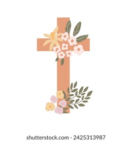 Elemento aislado de la cruz floral de Pascua en blanco. Símbolo cristiano religioso de la cruz de madera adornada con flores diminutas. Ilustración de Pascua, póster o tarjeta de felicitación dibujado a mano en color beige pastel