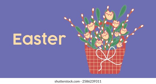 Easter Floral Decoration with Patterned Basket on Purple Background. Colorful Easter-themed floral arrangement displayed in a checkered basket, set against a vibrant purple background