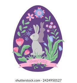 Easter floral design with cute bunny in the egg shaped frame. Vector isolated color illustration in flat style with lettering.	