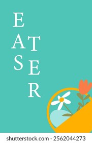 Easter floral design with spring flowers on turquoise background. Easter abstract modern geometry card.