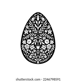 Icono del Huevo Floral de Pascua. Flores abstractas en silueta de huevo. Objeto Vector Linocut aislado en fondo blanco. Ester Egg hunter diseño para tarjeta de saludo, banner, imprimir. Decoración floral con icono de primavera.