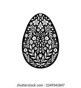 Icono del Huevo Floral de Pascua. Flores abstractas en silueta de huevo. Objeto Vector Linocut aislado en fondo blanco. Ester Egg hunter diseño para tarjeta de saludo, banner, imprimir. Decoración floral con icono de primavera.
