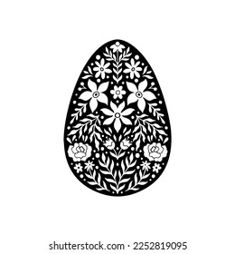 Easter Floral Egg Icon. Abstract Flowers in Egg Silhouette. Vector Linocut object isolated on white background. Ester Egg hunter design for greeting card, banner, print. Spring icon floral decor.