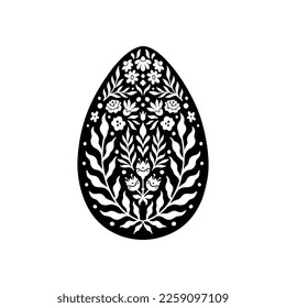 Easter Floral Egg Icon. Abstract Flowers in Egg Silhouette. Vector Linocut object isolated on white background. Ester Egg hunter design for greeting card, banner, print. Spring icon floral decor.