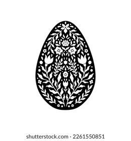 Easter Floral Egg Icon. Abstract Flowers in Egg Silhouette. Vector Linocut object isolated on white background. Ester Egg hunter design for greeting card, banner, print. Spring icon floral decor.