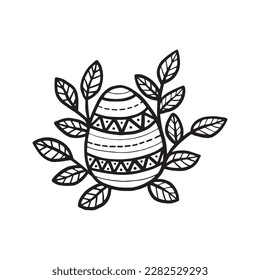 Easter Floral Egg Icon. Abstract leaves and Egg Silhouette. Vector Linocut object isolated on white background. Ester Egg hunter design for greeting card, banner, print. Spring icon floral decor