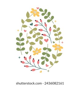 Easter Floral Egg Icon. Abstract spring Flowers and leaves in Egg Silhouette. Object isolated on white background for greeting card, banner, print.
