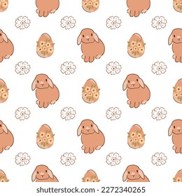 Easter floral eggs, cute rabbit bunny pattern spring design. Beige Easter repeat background, flowers, bunny textile print. Cute cottage wrap paper. Sweet hand drawn bunnies. Naive vector illustration