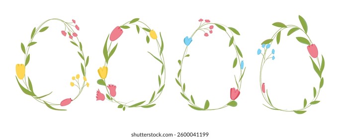 Easter floral frame for background. Spring card design with pastel tulip pattern. Happy greeting poster for botanical illustration. Cute meadow wreath with modern decoration for birthday brunch.