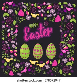 Easter floral frame with colorful eggs on dark background. 