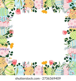 Easter floral frame with pastel eggs and spring botanical elements, cute holiday border template vector