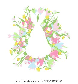 Easter Floral Frame Vector Illustration, Happy Easter Greetings, Invitations, Party Decoration, Pastel Colors, Bunny, Spring Flowers, Tulips. 