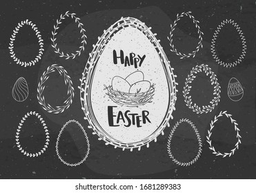 Easter floral frames. Decorative frames  in shape of eggs with leaves and flowers, natural rustic design. 