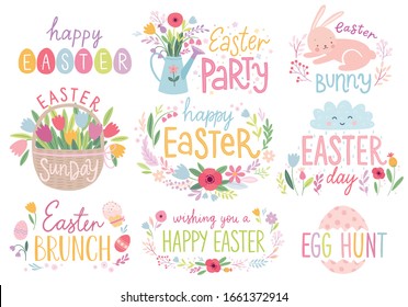 Easter floral lettering set with flowers, bunnies, tulips, eggs and other elements . Vector illustration.