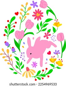 Easter floral and rabbits in oval shape. Suitable for social media posta, mobile apps, card, invitation, banner and web design. Vector illustration.