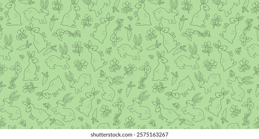 Easter floral repeating pattern. Drawing of hare, flowers, carrot, line art. Easter bunny. Festive spring seamless background.