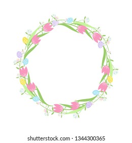 Easter Floral Round Frame Vector Illustration, Happy Easter Greetings, Invitations, Party Decoration, Pastel Colors,  Spring Flowers, Tulips, Easter eggs. 