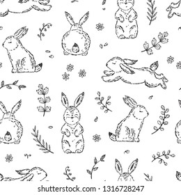 Easter Floral Seamless Pattern with Bunnies. Spring or Summer Background with Little Rabbits. Hand Drawn Sketch Cute Bunny and  Leaves, Flowers, Branches of Willow Vector Illustration