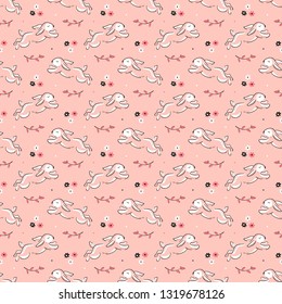 Easter Floral Seamless Pattern with Bunnies. Spring or Summer Background with Little Rabbits. Cute Bunny with Leaves and Flowers. Hares Line Art Vector Illustration