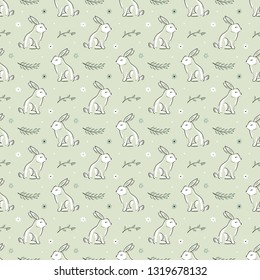 Easter Floral Seamless Pattern with Bunnies. Spring or Summer Background with Little Rabbits. Cute Bunny with Leaves and Flowers. Hares Line Art Vector Illustration