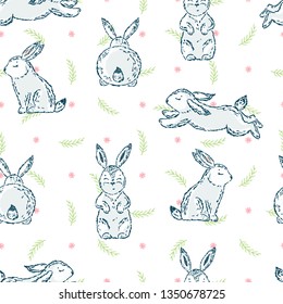 Easter Floral Seamless Pattern with Bunnies. Spring or Summer Background with Little Rabbits. Hand Drawn Sketch Cute Bunny and Leaves, Flowers Vector Illustration