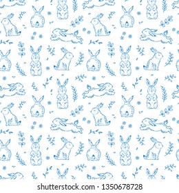 Easter Floral Seamless Pattern with Bunnies. Spring or Summer Background with Little Rabbits. Hand Drawn Sketch Cute Bunny and Leaves, Flowers, Branches of Willow Vector Illustration