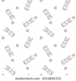 Easter Floral Seamless Pattern with Bunnies. Spring or Summer Background with Little Rabbits. 