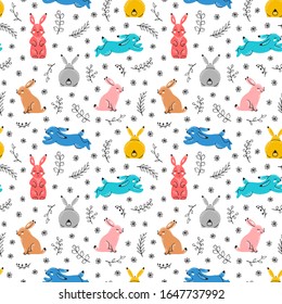 Easter Floral Seamless Pattern with Multicolored  Bunnies. Spring or Summer Background with Little Rabbits. Cute Bunny with Leaves and Flowers. Hares Vector Illustration