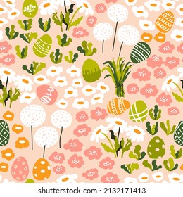 Easter and Floral seamless pattern (painted eggs, abstract flowers, chamomiles, herbs). Vector background. Perfect for spring holidays