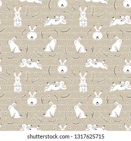 Easter Floral Seamless Pattern with White Bunnies. Spring or Summer Background with Little Rabbits. Cute Bunny with Leaves and Flowers. Hares Vector Illustration