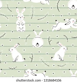 Easter Floral Seamless Pattern with White Bunnies. Spring or Summer Background with Little Rabbits. Cute Bunny with Leaves and Flowers. Hares Vector Illustration