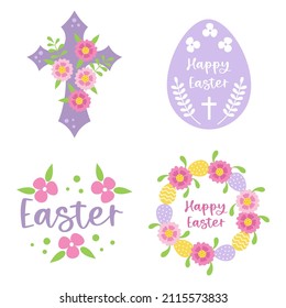 Easter floral set with cross, decorated egg, wreath and spring bouquet. Easter religion theme ornament. Vector illustrations isolated on white background.