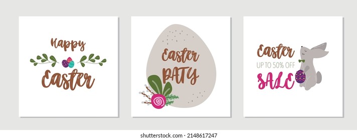 Easter floral square templates. Cute vector backgrounds in flat style for social media posts, mobile apps, cards, invitations, banner design and web ads