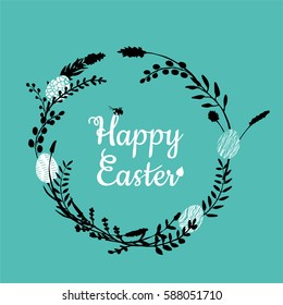 Easter floral wreath with field flowers and herbs, branches and twigs. Easter eggs in grass. Botanical illustration. Vector design 