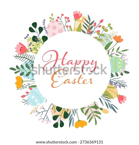 Easter floral wreath with pastel eggs and spring flowers, cute round frame vector illustration