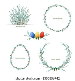 Easter floral wreath set with colored eggs. Spring set with willow and forget-me-not flowers. Isolated on white background. Vector illustration for seasonal greeteng, easter cards, wedding invitation