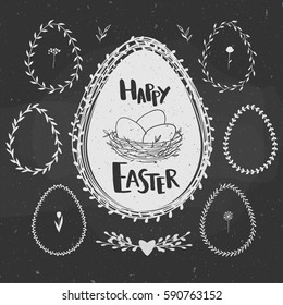 Easter floral wreaths set. Vector egg shaped frames on a chalkboard. 