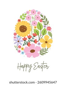 Easter flower egg with colorful spring flowers on a white background. Happy Easter