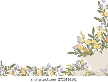 Marco de la flor de Pascua con la flor de la primavera en cáscara del huevo, Ilustración vectorial dibujada a mano. Horizontal borde inferior y diseño de esquina con espacio de copia