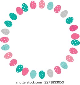 Easter flower wreath . Festive Easter frame with decorated eggs and flowers and symbols of bright Easter
